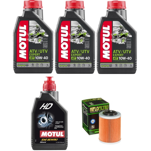 Pachet Revizie Atv CF Moto CForce 450, 520 3 Buc Ulei Motor Atv Motul 4T ATV-UTV Expert 10W-40 MA 1L 105938 + Ulei Transmisie Manuala Motul HD 80W-90 1L 105781 + Filtru Ulei Moto Hiflofiltro HF152